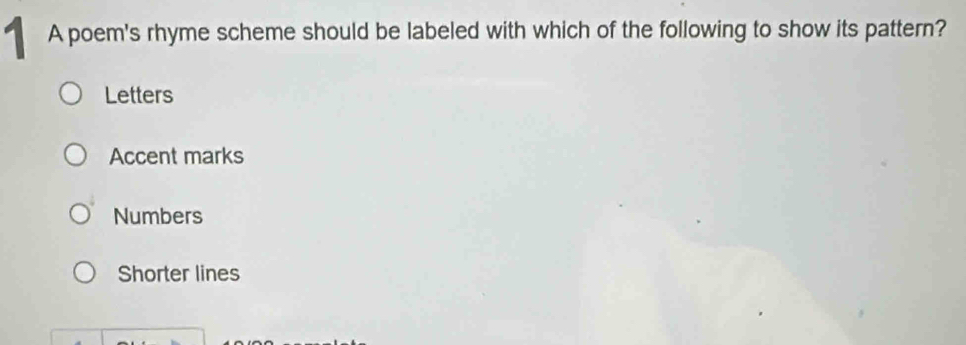 Solved: A poem's rhyme scheme should be labeled with which of the ...