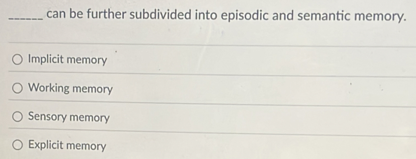 can be further subdivided into episodic and semantic memory.
Implicit memory
Working memory
Sensory memory
Explicit memory