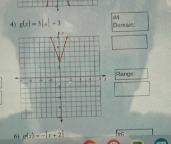 g(x)=3|x|+3 #4 
Domain: 
Range: 
6 g(x)=-|x+2|
#6