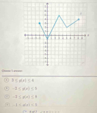 Choose 1 answ
a 3≤ g(x)≤ 4
B -2≤ g(x)≤ 5
C -2≤ g(x)≤ 8
-1 <5</tex>
4 of 7