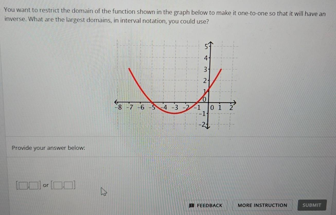 You want to restrict the domain of the function shown in the graph below to make it one-to-one so that it will have an 
inverse. What are the largest domains, in interval notation, you could use? 
Provide your answer below:
[□ ,□ ] or [□ ,□ ]
FEEDBACK MORE INSTRUCTION SUBMIT