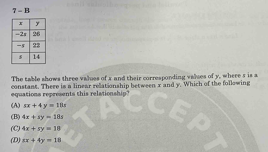 ) B

The table shows three values of x and their corresponding values of y, where s is a
constant. There is a linear relationship between x and y. Which of the following
equations represents this relationship?
(A) sx+4y=18s
(B) 4x+sy=18s
(C) 4x+sy=18
(D) sx+4y=18