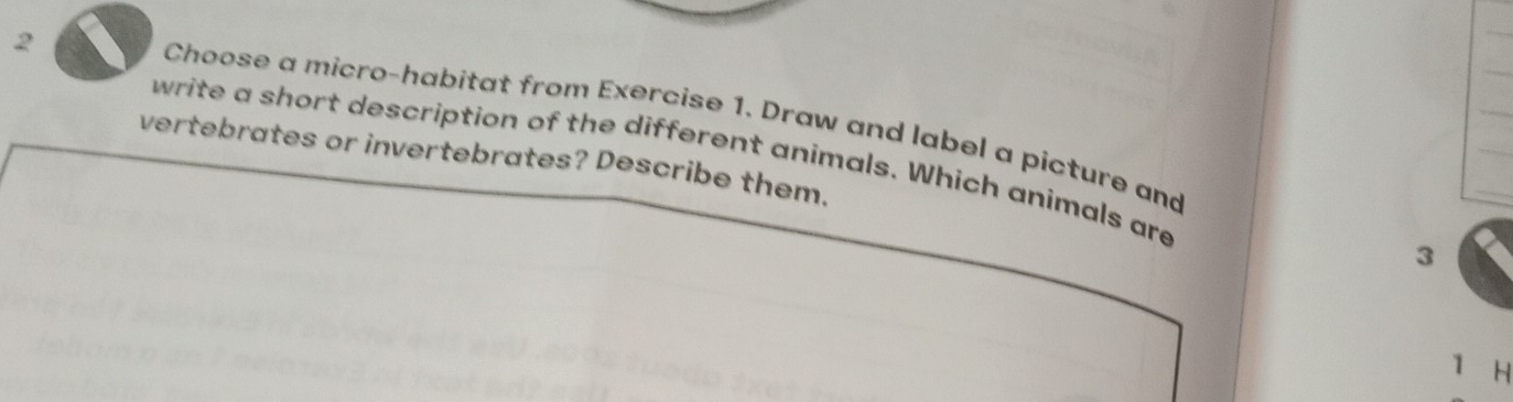 Choose a micro-habitat from Exercise 1. Draw and label a picture and 
vertebrates or invertebrates? Describe them. write a short description of the different animals. Which animals are
3
1 H