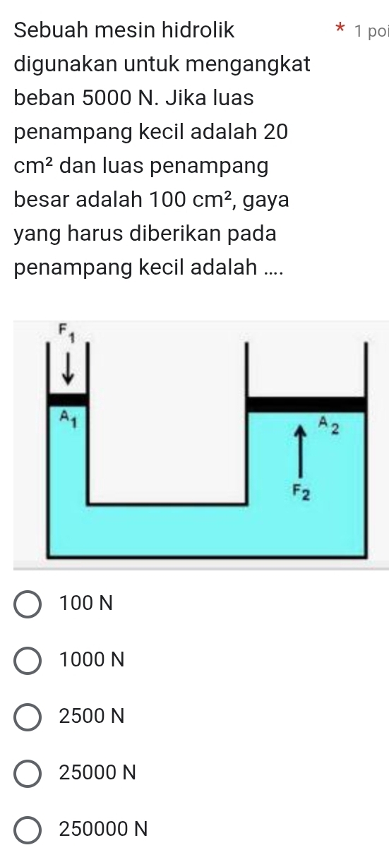 Sebuah mesin hidrolik 1 po
digunakan untuk mengangkat
beban 5000 N. Jika luas
penampang kecil adalah 20
cm^2 dan luas penampang
besar adalah 100cm^2 , gaya
yang harus diberikan pada
penampang kecil adalah ....
100 N
1000 N
2500 N
25000 N
250000 N