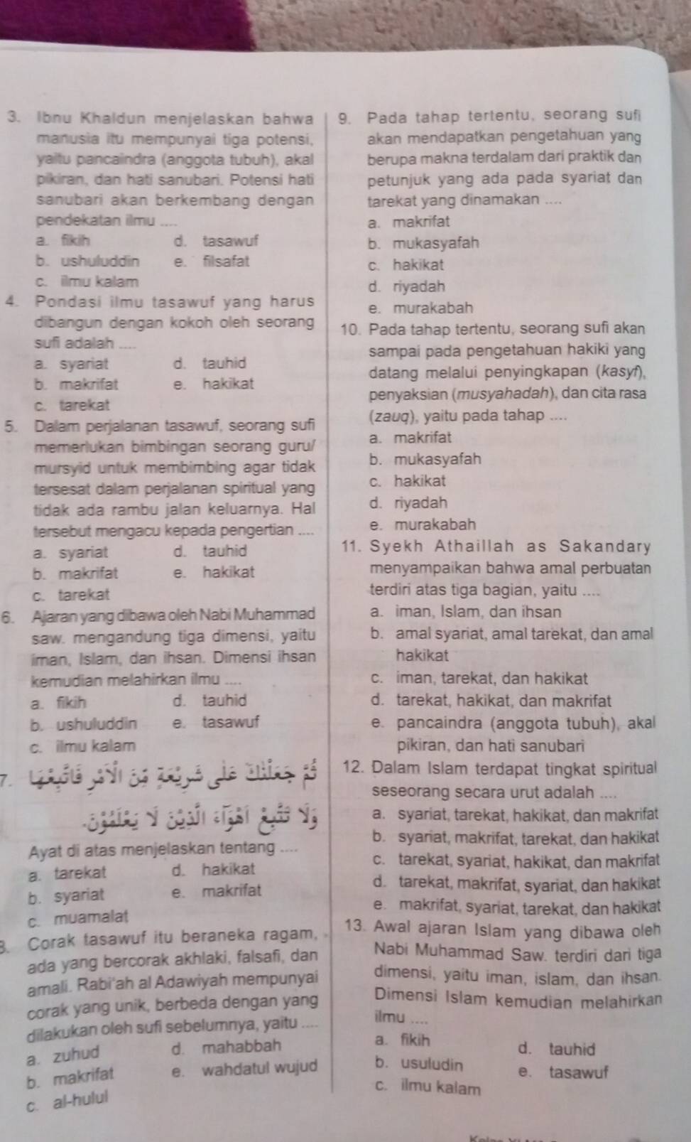 Ibnu Khaldun menjelaskan bahwa 9. Pada tahap tertentu, seorang sufi
manusia itu mempunyai tiga potensi, akan mendapatkan pengetahuan yang
yaitu pancaindra (anggota tubuh), akal berupa makna terdalam dari praktik dan
pikiran, dan hati sanubari. Potensi hati petunjuk yang ada pada syariat dan
sanubari akan berkembang dengan tarekat yang dinamakan ....
pendekatan ilmu a.makrifat
a. fikih d. tasawuf b. mukasyafah
b. ushuluddin e. filsafat c. hakikat
c. ilmu kalam d. riyadah
4. Pondasi ilmu tasawuf yang harus e. murakabah
dibangun dengan kokoh oleh seorang 10. Pada tahap tertentu, seorang sufi akan
sufi adalah ...
sampai pada pengetahuan hakiki yang
a. syariat d. tauhid
b. makrifat e. hakikat
datang melalui penyingkapan (kasyf),
c. tarekat penyaksian (musyahadah), dan cita rasa
5. Dalam perjalanan tasawuf, seorang sufi (zauq), yaitu pada tahap ....
memerlukan bimbingan seorang guru/ a. makrifat
mursyid untuk membimbing agar tidak b. mukasyafah
tersesat dalam perjalanan spiritual yang c. hakikat
tidak ada rambu jalan keluarnya. Hal d.riyadah
tersebut mengacu kepada pengertian e. murakabah
a. syariat d. tauhid 11. Syekh Athaillah as Sakandary
b. makrifat e. hakikat menyampaikan bahwa amal perbuatan
c. tarekat
terdiri atas tiga bagian, yaitu ....
6. Ajaran yang dibawa oleh Nabi Muhammad a. iman, Islam, dan ihsan
saw. mengandung tiga dimensi, yaitu b. amal syariat, amal tarekat, dan amal
iman, Islam, dan ihsan. Dimensi ihsan hakikat
kemudian melahirkan ilmu c. iman, tarekat, dan hakikat
a. fikih d. tauhid d. tarekat, hakikat, dan makrifat
b. ushuluddin e. tasawuf e. pancaindra (anggota tubuh), akal
c. ilmu kalam pikiran, dan hati sanubari
12. Dalam Islam terdapat tingkat spiritual
               
seseorang secara urut adalah ....
a. syariat, tarekat, hakikat, dan makrifat
b. syariat, makrifat, tarekat, dan hakikat
Ayat di atas menjelaskan tentang
c. tarekat, syariat, hakikat, dan makrifat
a. tarekat d. hakikat
b. syariat e. makrifat
d. tarekat, makrifat, syariat, dan hakikat
e. makrifat, syariat, tarekat, dan hakikat
c. muamalat
. Corak tasawuf itu beraneka ragam,
13. Awal ajaran Islam yang dibawa oleh
ada yang bercorak akhlaki, falsafi, dan
Nabi Muhammad Saw. terdiri dari tiga
amali. Rabi'ah al Adawiyah mempunyai dimensi, yaitu iman, islam, dan ihsan.
corak yang unik, berbeda dengan yang
Dimensi Islam kemudian melahirkan
dilakukan oleh sufi sebelumnya, yaitu
ilmu ....
a. fikih
a. zuhud d. mahabbah d. tauhid
b. makrifat e. wahdatul wujud b. usuludin e. tasawuf
c. ilmu kalam
c. al-hulul