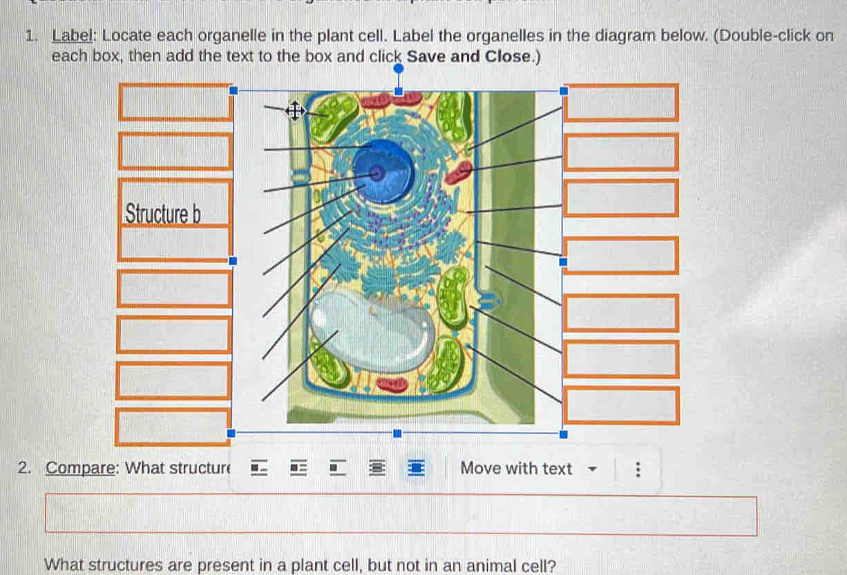 Label: Locate each organelle in the plant cell. Label the organelles in the diagram below. (Double-click on 
each box, then add the 
Structure b 
2. Compare: What structure Move with text : 
What structures are present in a plant cell, but not in an animal cell?