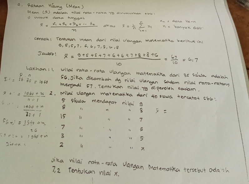 Rataan Hitng (Mean) 
Mean (2) adalah nilal rata-rata y9 dirumurican clob? 
1 uncUk data tinggal data ke-n banrak dat 
overline x=frac overline x_1+overline x_2+overline x_2+...overline x_nn at au overline x= 1/n sumlimits _(i=1)^nx_i n=
contoh: Tentukan mean dari nilai uangan matemarika berileve (n
9, 5, 5, 7, 6, 6, 7, 8, C0, 8
Jawab! overline x= (9+5+5+7+6+6+7+8+8+6)/10 = 67/10 =6.7
Lathan: 1. wilai rata-rata olangan matematika dari 35 sciwa adabah
X n 5G. Jika ditambah dg nilai ulangan sadam nilai rata-ratany
overline z· =56· 35=1960 mensadi 57. TentKan nilai, y9 diperoleh sadam.
overline x+= (1560+u)/11+1  2. Milai olangan matemarika dari 40 siwa tercatat 56b :
5 siswa mendapar nilai g
8 I1 H 8 overline x=
 (1060+n)/15+1  15 l1 11 11 7
56+j=15i++m 7 L1 11
3. C
:55:6=1360+n 3 11
5
3.0+4. 
2 l1 it 11 X
sika nilai rata-rata vlangan Matemarka tersebut adass
7, 2 Tentokcan villai x.