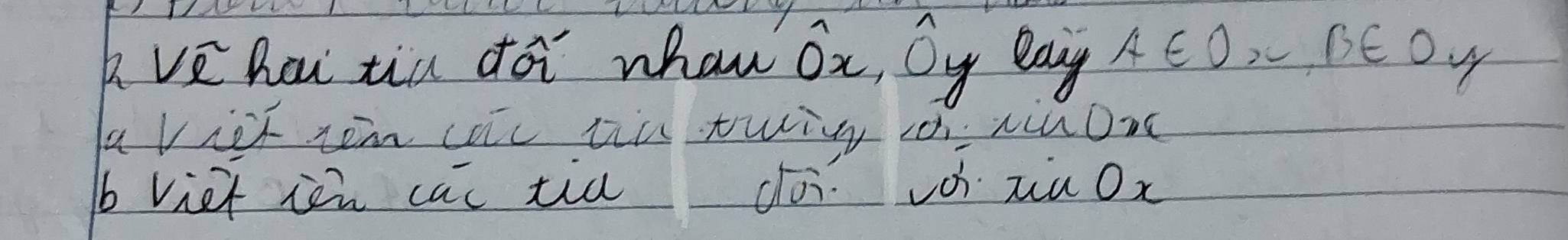 ve hai tia doi whan widehat OX Oy eay A∈ O, sim , B∈ Oy
avick tem cac tii twin cn ruom 
b viet ien cac tia do vò) zu Ox