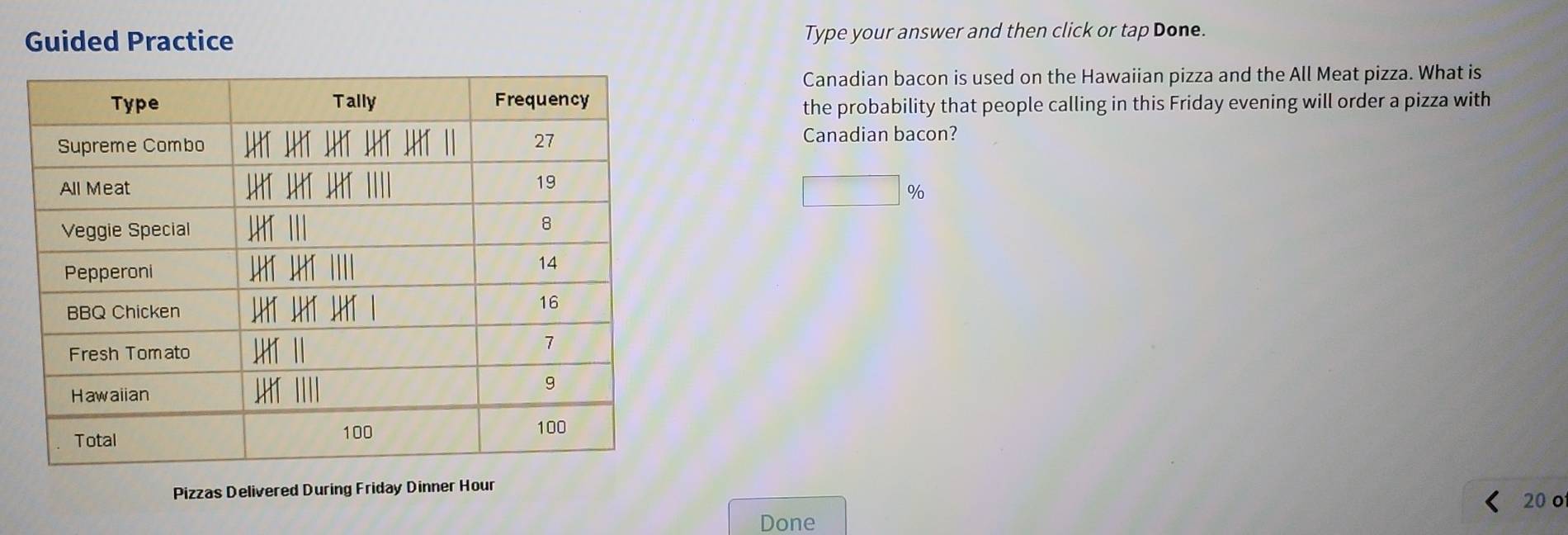 Guided Practice Type your answer and then click or tap Done. 
Canadian bacon is used on the Hawaiian pizza and the All Meat pizza. What is 
the probability that people calling in this Friday evening will order a pizza with 
Canadian bacon?
□ %
Pizzas Delivered During Friday Dinner Hour
20 o 
Done