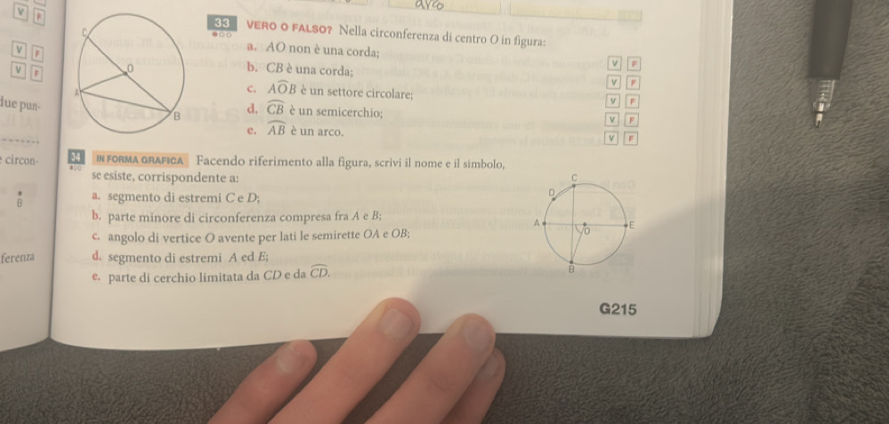 VERo o FALSO? Nella circonferenza di centro O in figura: 
●□ 
a. AO non è una corda; 
ν Fb. CB è una corda; 
v F
v F
c. Awidehat OB è un settore circolare; 
d.
widehat CB
F 
due pun- widehat AB è un semicerchio; v F
e. è un arco. v F
circon 34 I fORMA GRAFIcA Facendo riferimento alla figura, scrivi il nome e il simbolo, 
se esiste, corrispondente a: 
B a. segmento di estremi C e D; 
b. parte minore di circonferenza compresa fra A e B; 
c. angolo di vertice O avente per lati le semirette OA e OB; 
ferenza d. segmento di estremi A ed E; 
e. parte di cerchio limitata da CD e da widehat CD. 
G215