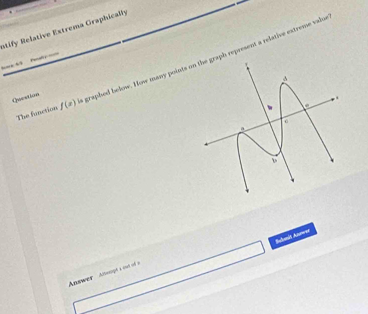 ntify Relative Extrema Graphically 
Penally 
The function f(x)
Question 
Submit Answer 
Answer Attempt a out of 2