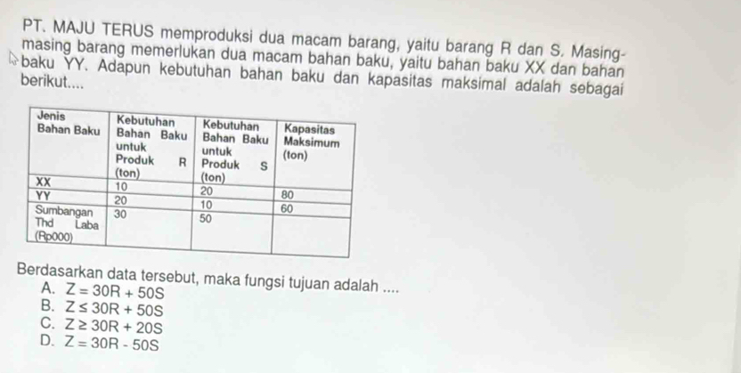 PT. MAJU TERUS memproduksi dua macam barang, yaitu barang R dan S. Masing-
masing barang memerlukan dua macam bahan baku, yaitu bahan baku XX dan bahan
baku YY. Adapun kebutuhan bahan baku dan kapasitas maksimal adalah sebagai
berikut....
Berdasarkan data tersebut, maka fungsi tujuan adalah ....
A. Z=30R+50S
B. Z≤ 30R+50S
C. Z≥ 30R+20S
D. Z=30R-50S