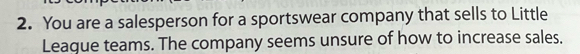 You are a salesperson for a sportswear company that sells to Little 
League teams. The company seems unsure of how to increase sales.