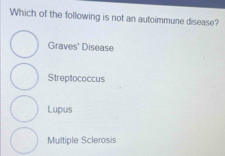 Which of the following is not an autoimmune disease?
Graves' Disease
Streptococcus
Lupus
Multiple Sclerosis