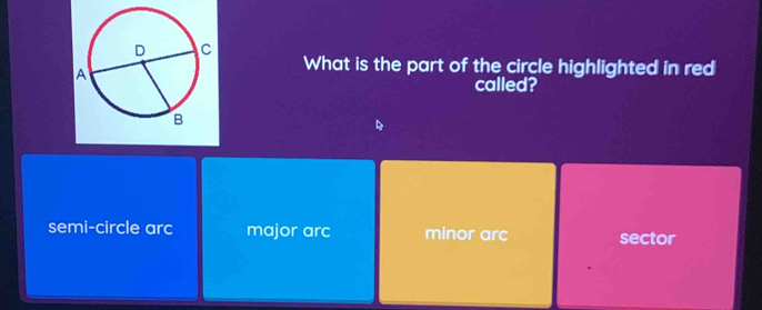 What is the part of the circle highlighted in red
called?
semi-circle arc major arc minor arc sector