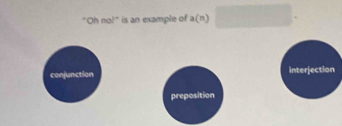 "Oh no!" is an example of a(n)
conjunction interjection
preposition