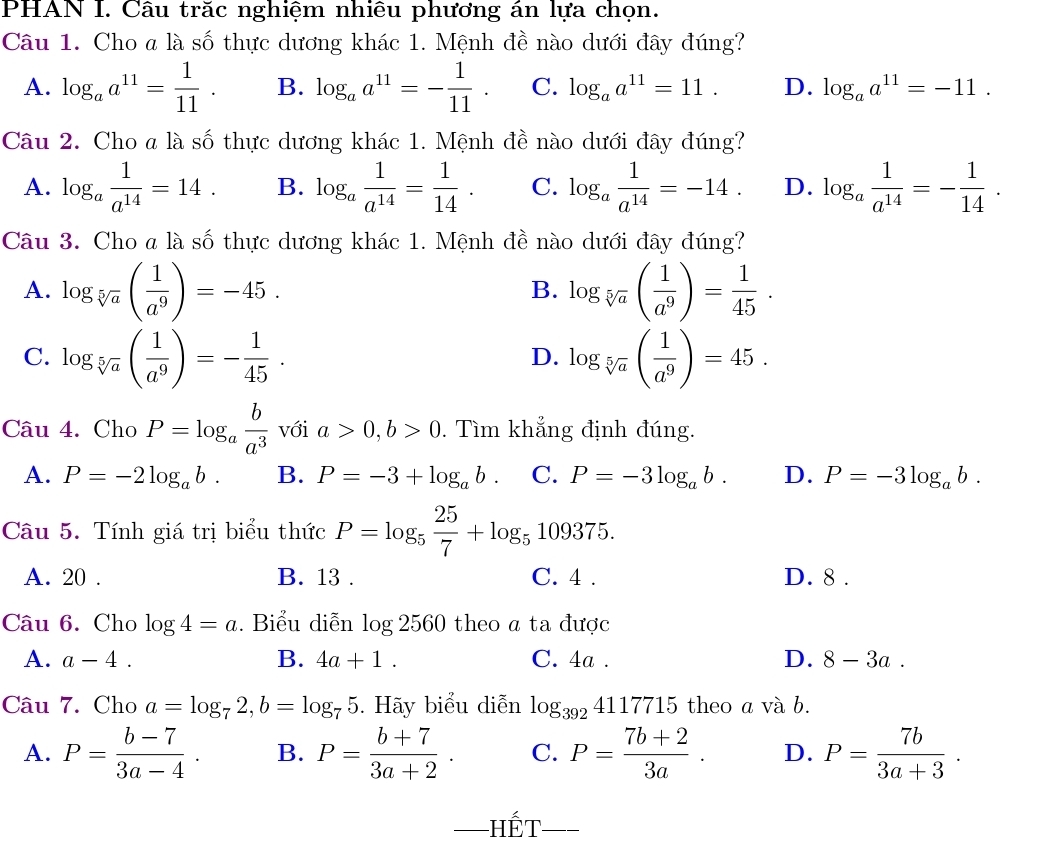 PHAN I. Câu trăc nghiệm nhiêu phương án lựa chọn.
Câu 1. Cho a là số thực dương khác 1. Mệnh đề nào dưới đây đúng?
A. log _aa^(11)= 1/11 . B. log _aa^(11)=- 1/11 . C. log _aa^(11)=11. D. log _aa^(11)=-11.
Câu 2. Cho a là số thực dương khác 1. Mệnh đề nào dưới đây đúng?
A. log _a 1/a^(14) =14. B. log _a 1/a^(14) = 1/14 . C. log _a 1/a^(14) =-14. D. log _a 1/a^(14) =- 1/14 .
Câu 3. Cho a là số thực dương khác 1. Mệnh đề nào dưới đây đúng?
A. log _sqrt[5](a)( 1/a^9 )=-45. log _sqrt[5](a)( 1/a^9 )= 1/45 .
B.
C. log _sqrt[5](a)( 1/a^9 )=- 1/45 . log _sqrt[5](a)( 1/a^9 )=45.
D.
Câu 4. Cho P=log _a b/a^3  với a>0,b>0. Tìm khẳng định đúng.
A. P=-2log _ab. B. P=-3+log _ab. C. P=-3log _ab. D. P=-3log _ab.
Câu 5. Tính giá trị biểu thức P=log _5 25/7 +log _5109375.
A. 20 . B. 13 . C. 4 . D. 8 .
Câu 6. Cho log 4=a. Biểu diễn log 2560 theo a ta được
A. a-4. B. 4a+1. C. 4a . D. 8-3a.
Câu 7. Cho a=log _72,b=log _75. Hãy biểu diễn log _3924117715 theo a và b.
A. P= (b-7)/3a-4 . B. P= (b+7)/3a+2 . C. P= (7b+2)/3a . D. P= 7b/3a+3 .
—hết