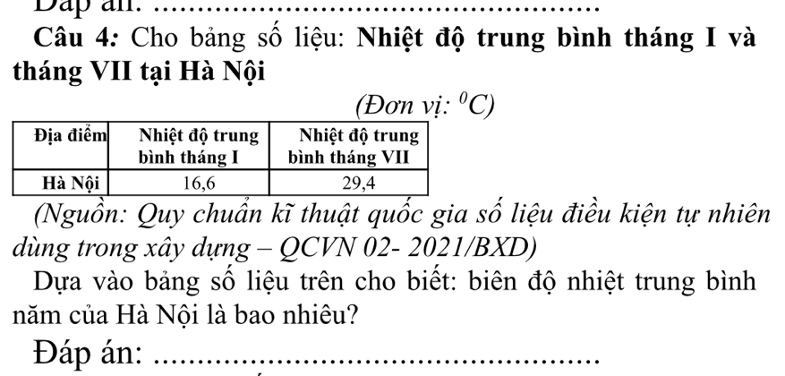 Dap an. 
_ 
Câu 4: Cho bảng số liệu: Nhiệt độ trung bình tháng I và 
tháng VII tại Hà Nội 
(Đơn vị: ^circ C) 
(Nguồn: Quy chuẩn kĩ thuật quốc gia số liệu điều kiện tự nhiên 
dùng trong xây dựng - QCVN 02- 2021/BXD) 
Dựa vào bảng số liệu trên cho biết: biên độ nhiệt trung bình 
năm của Hà Nội là bao nhiêu? 
Đáp án:_