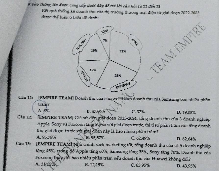 # vào thông tin được cung cấp dưới đây để trả lời câu hỏi từ 11 đến 13
Kết quả thống kê doanh thu của thị trường thương mại điện tử giai đoạn 2022-2023
được thể hiện ở biểu đồ dưới:
Câu 11: [EMPIRE TEAM] Doanh thu của Huawei ít hơn doanh thu của Samsung bao nhiêu phần
trăm?
A. 8% B. 47,06% C. 32% D. 19,05%
Câu 12: [EMPIRE TEAM] Giả sử đến giải đoạn 2023-2024, tổng doanh thu của 3 doanh nghiệp
Apple, Sony và Foxconn tăng 8% so với giai đoạn trước, thì tỉ số phần trăm của tổng doanh
thu giai đoạn trước với giai đoạn này là bao nhiêu phần trăm?
A. 95,78% B. 95,57% C. 62,49% D. 62,64%
Câu 13: [EMPIRE TEAM] Nhờ chính sách marketing tốt, tổng doanh thu của cả 5 doanh nghiệp
tăng 45%, trong đó Apple tăng 60%, Samsung tăng 35%, Sony tăng 70%. Doanh thu của
Foxconn thay đổi bao nhiêu phần trăm nếu doanh thu của Huawei không đổi?
A. 31,15% B. 12,15% C. 63,95% D. 43,95%