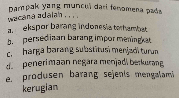 Dampak yang muncul dari fenomena pada
wacana adalah . . . .
a. ekspor barang Indonesia terhambat
b. persediaan barang impor meningkat
c. harga barang substitusi menjadi turun
d. penerimaan negara menjadi berkurang
e. produsen barang sejenis mengalami
kerugian