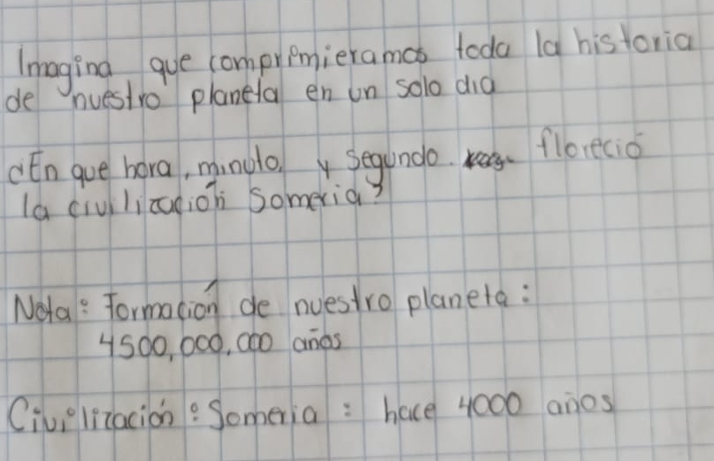 Imaging gue compremieramas toda |9 historia 
de nuestro planela en un solo did 
cEn gue hora, mingloy Segundoflorecio 
la civilizcaioh Someria? 
Nela: Formation de nuestro planeta:
4500, 000, 000 ands 
Civp litacion: Someria : hace 4000 anos