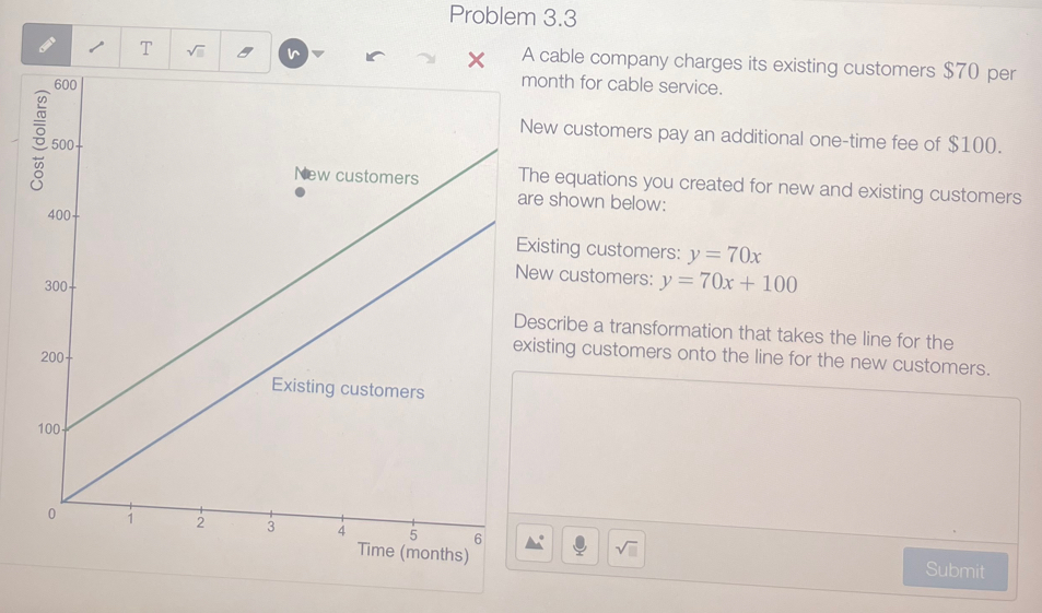 Problem 3.3 
T 
× A cable company charges its existing customers $70 per 
onth for cable service. 
ew customers pay an additional one-time fee of $100. 
he equations you created for new and existing customers 
re shown below: 
xisting customers: y=70x
ew customers: y=70x+100
escribe a transformation that takes the line for the 
isting customers onto the line for the new customers. 
sqrt(□ ) 
Submit