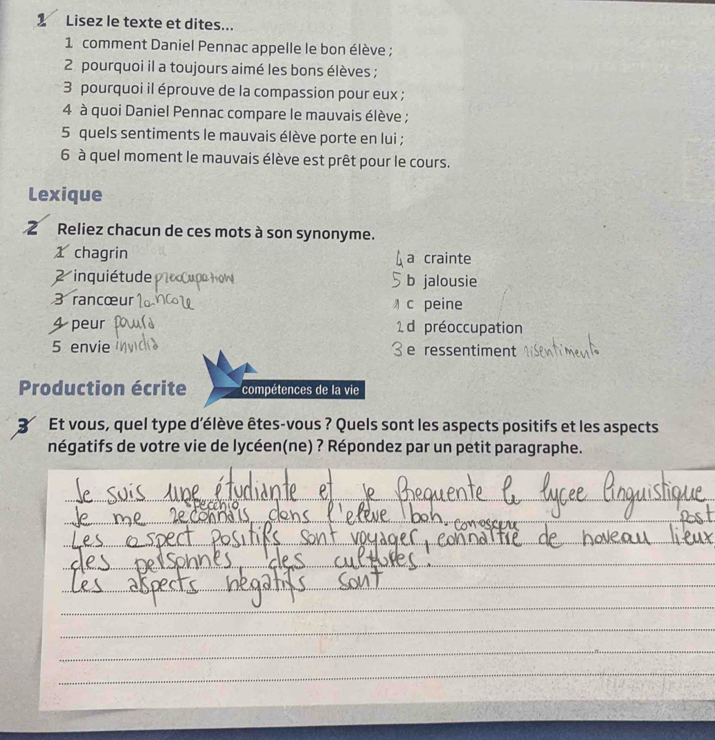 Lisez le texte et dites... 
1 comment Daniel Pennac appelle le bon élève ; 
2 pourquoi il a toujours aimé les bons élèves ; 
3 pourquoi il éprouve de la compassion pour eux ; 
4 à quoi Daniel Pennac compare le mauvais élève ; 
5 quels sentiments le mauvais élève porte en lui ; 
6 à quel moment le mauvais élève est prêt pour le cours. 
Lexique 
2 Reliez chacun de ces mots à son synonyme. 
1 chagrin a crainte 
2 inquiétude b jalousie 
3 rancœur 
c peine 
4 peur 1 d préoccupation 
5 envie 3e ressentiment 
Production écrite compétences de la vie 
3 Et vous, quel type d'élève êtes-vous ? Quels sont les aspects positifs et les aspects 
négatifs de votre vie de lycéen(ne) ? Répondez par un petit paragraphe.