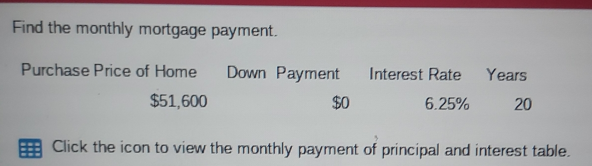 Find the monthly mortgage payment. 
Purchase Price of Home Down Payment Interest Rate Years
$51,600 $0 6.25% 20
Click the icon to view the monthly payment of principal and interest table.