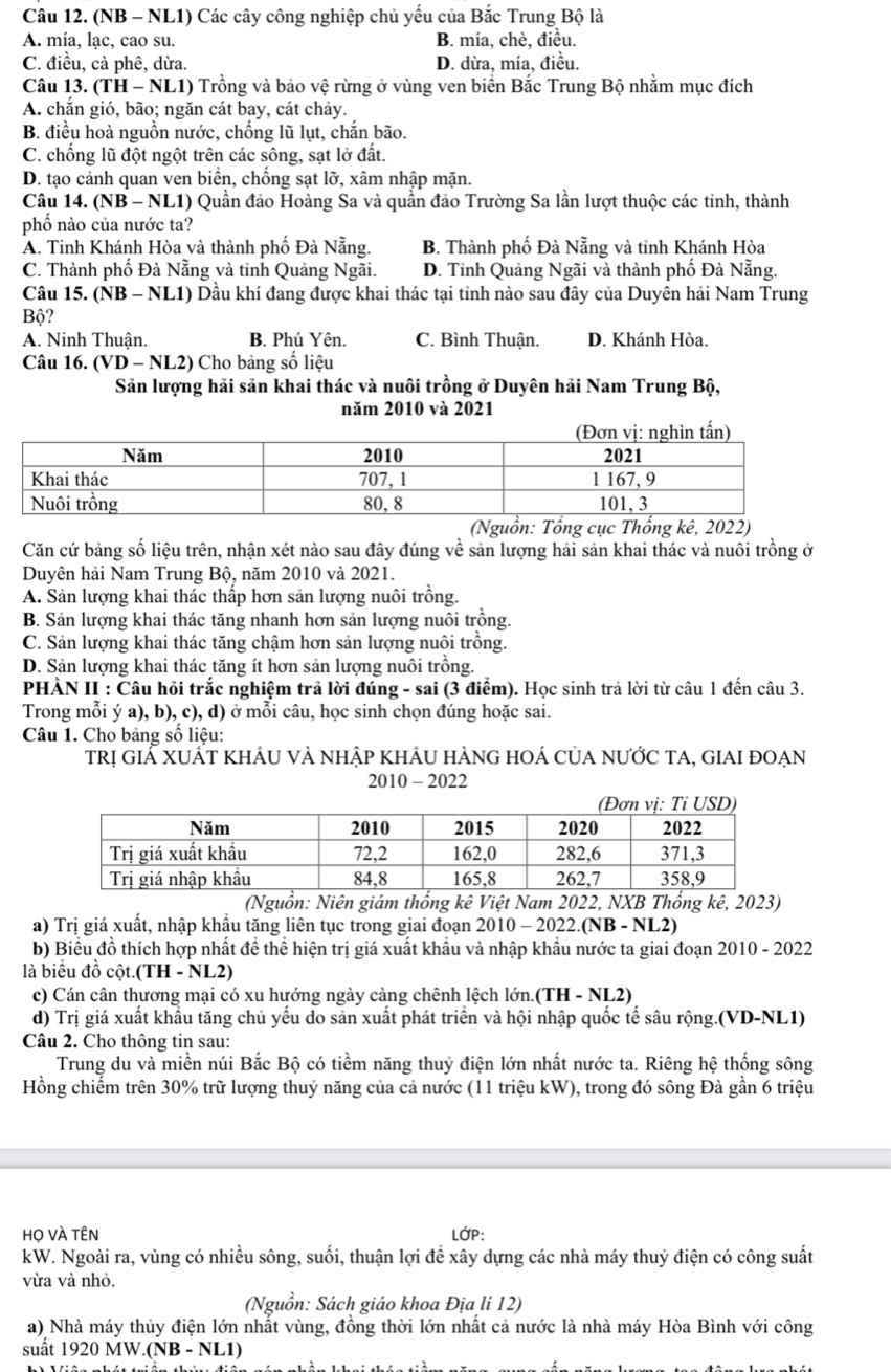 (NB - NL1) Các cây công nghiệp chủ yếu của Bắc Trung Bộ là
A. mía, lạc, cao su. B. mía, chè, điều.
C. điều, cả phê, dừa. D. dừa, mía, điều.
Câu 13. (TH-NL1 ) Trồng và bảo vệ rừng ở vùng ven biển Bắc Trung Bộ nhằm mục đích
A. chắn gió, bão; ngăn cát bay, cát chảy.
B. điều hoà nguồn nước, chống lũ lụt, chắn bão.
C. chống lũ đột ngột trên các sông, sạt lở đất.
D. tạo cảnh quan ven biển, chống sạt lỡ, xâm nhập mặn.
Câu 14. (NB - NL1) Quần đảo Hoàng Sa và quần đảo Trường Sa lần lượt thuộc các tinh, thành
phố nào của nước ta?
A. Tinh Khánh Hòa và thành phố Đà Nẵng. B. Thành phố Đà Nẵng và tinh Khánh Hòa
C. Thành phố Đà Nẵng và tỉnh Quảng Ngãi. D. Tỉnh Quảng Ngãi và thành phố Đà Nẵng.
Câu 15. (NB - NL1) Dầu khí đang được khai thác tại tỉnh nào sau đây của Duyên hải Nam Trung
Bộ?
A. Ninh Thuận. B. Phú Yên. C. Bình Thuận. D. Khánh Hòa.
Câu 16. (VD-NL2) Cho bảng số liệu
Sản lượng hải sản khai thác và nuôi trồng ở Duyên hải Nam Trung Bộ,
năm 2010 và 2021
(Nguồn: Tổng cục Thống kê, 2022)
Căn cứ bảng số liệu trên, nhận xét nào sau đây đúng về sản lượng hải sản khai thác và nuôi trồng ở
Duyên hải Nam Trung Bộ, năm 2010 và 2021.
A. Sản lượng khai thác thấp hơn sản lượng nuôi trồng.
B. Sản lượng khai thác tăng nhanh hơn sản lượng nuôi trồng.
C. Sản lượng khai thác tăng chậm hơn sản lượng nuội trồng.
D. Sản lượng khai thác tăng ít hơn sản lượng nuôi trồng.
PHÀN II : Câu hồi trắc nghiệm trả lời đúng - sai (3 điểm). Học sinh trả lời từ câu 1 đến câu 3.
Trong mỗi ý a), b), c), d) ở mỗi câu, học sinh chọn đúng hoặc sai.
Câu 1. Cho bảng số liệu:
trị giẢ xuất khÁU và nhập khÁu hàng hOá của nưỚc tA, giai đoẠn
2010 - 2022
(Nguồn: Niên giám thống kê Việt Nam 2022, NXB Thống kê, 2023)
a) Trị giá xuất, nhập khẩu tăng liên tục trong giai đoạn 2010 - 2022.(NB - NL2)
b) Biểu đồ thích hợp nhất đề thể hiện trị giá xuất khẩu và nhập khẩu nước ta giai đoạn 2010 - 2022
là biểu đồ cột.(TH - NL2)
c) Cán cân thương mại có xu hướng ngày càng chênh lệch lớn.(TH - NL2)
d) Trị giá xuất khẩu tăng chủ yếu do sản xuất phát triển và hội nhập quốc tế sâu rộng.(VD-NL1)
Câu 2. Cho thông tin sau:
Trung du và miền núi Bắc Bộ có tiềm năng thuỷ điện lớn nhất nước ta. Riêng hệ thống sông
Hồng chiếm trên 30% trữ lượng thuỷ năng của cả nước (11 triệu kW), trong đó sông Đà gần 6 triệu
Họ VÀ tÊn LớP:
kW. Ngoài ra, vùng có nhiều sông, suối, thuận lợi đề xây dựng các nhà máy thuỷ điện có công suất
vừa và nhỏ.
(Nguồn: Sách giáo khoa Địa li 12)
a) Nhà máy thủy điện lớn nhất vùng, đồng thời lớn nhất cả nước là nhà máy Hòa Bình với công
suất 1920MW.(NB-NL1)