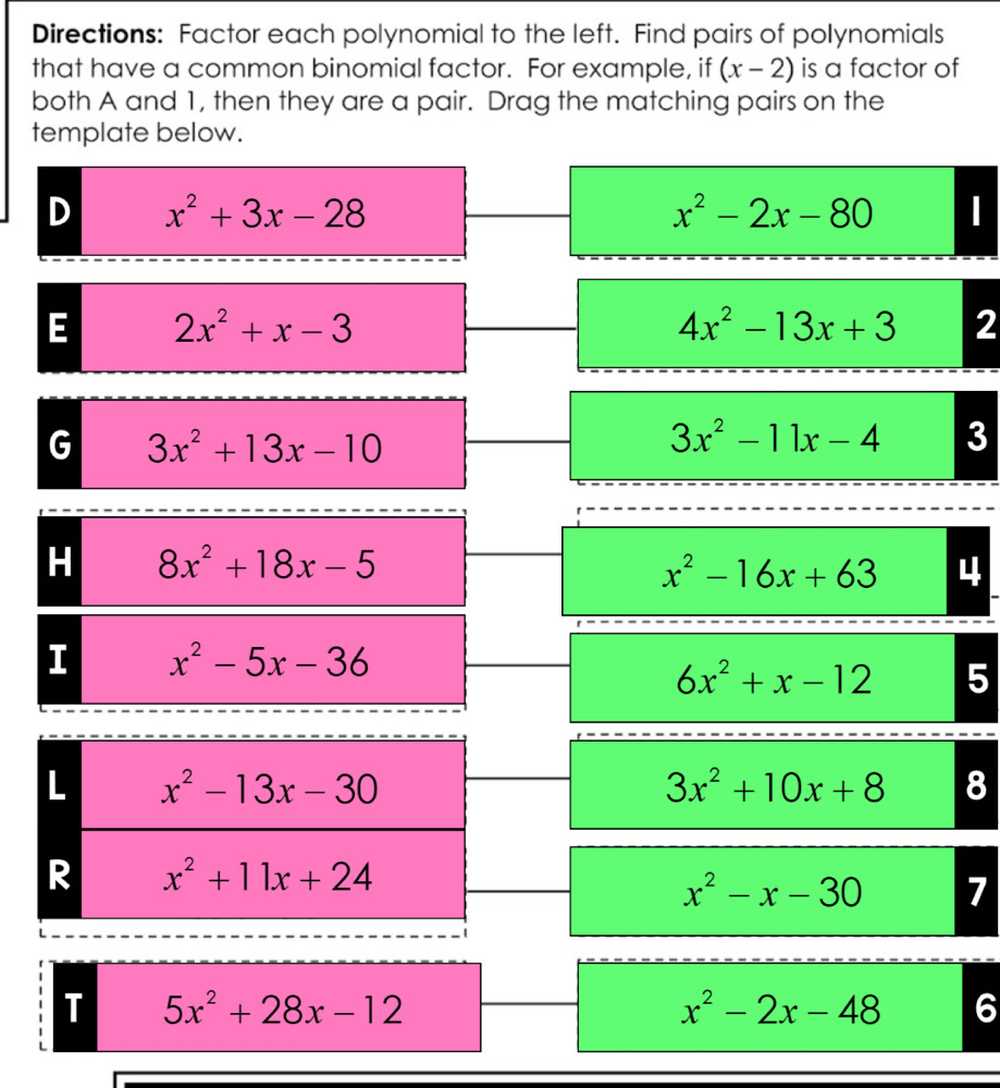 Directions: Factor each polynomial to the left. Find pairs of polynomials
that have a common binomial factor. For example, if (x-2) is a factor of
both A and 1, then they are a pair. Drag the matching pairs on the
template below.
D x^2+3x-28
x^2-2x-80
E 2x^2+x-3
4x^2-13x+3 2
G 3x^2+13x-10
3x^2-11x-4 3
H 8x^2+18x-5
x^2-16x+63 4
I x^2-5x-36
6x^2+x-12 5
3x^2+10x+8 8
x^2-x-30 7
T 5x^2+28x-12
x^2-2x-48 6