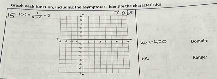 Graph each function, including the asymptotes. Identify the characteristics.
f(x)= 1/x-4 -2
VA: Domain: 
HA: Range: