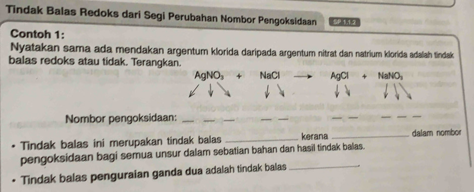 Tindak Balas Redoks dari Segi Perubahan Nombor Pengoksidaan SP 1.1.2
Contoh 1: 
Nyatakan sama ada mendakan argentum klorida daripada argentum nitrat dan natrium klorida adalah tindak 
balas redoks atau tidak. Terangkan.
AgNO_3+ NaCl AgCl+NaNO_3
Nombor pengoksidaan:__ 
_ 
_ 
_ 
_ 
_ 
Tindak balas ini merupakan tindak balas _kerana_ 
dalam nombor 
_ 
pengoksidaan bagi semua unsur dalam sebatian bahan dan hasil tindak balas. 
Tindak balas penguraian ganda dua adalah tindak balas