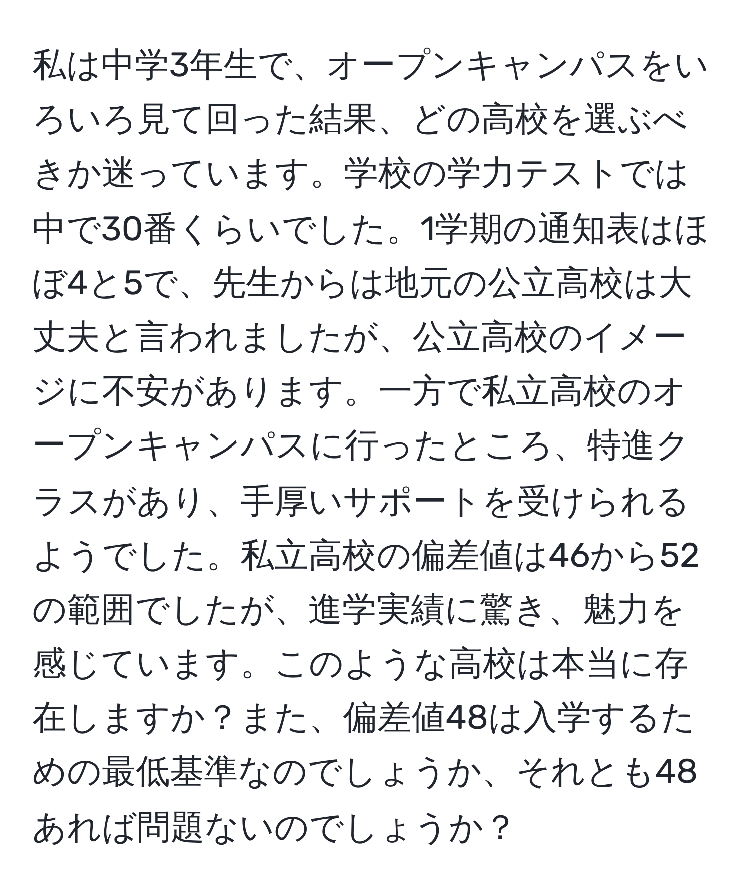 私は中学3年生で、オープンキャンパスをいろいろ見て回った結果、どの高校を選ぶべきか迷っています。学校の学力テストでは中で30番くらいでした。1学期の通知表はほぼ4と5で、先生からは地元の公立高校は大丈夫と言われましたが、公立高校のイメージに不安があります。一方で私立高校のオープンキャンパスに行ったところ、特進クラスがあり、手厚いサポートを受けられるようでした。私立高校の偏差値は46から52の範囲でしたが、進学実績に驚き、魅力を感じています。このような高校は本当に存在しますか？また、偏差値48は入学するための最低基準なのでしょうか、それとも48あれば問題ないのでしょうか？