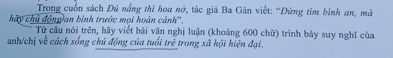 Trong cuốn sách Đủ nắng thì hoa nở, tác giả Ba Gàn viết: “Đừng tìm bình an, mà 
hãy chủ động an bình trước mọi hoàn cảnh''. 
Từ câu nói trên, hãy viết bài văn nghị luận (khoảng 600 chữ) trình bày suy nghĩ của 
anh/chị về cách sống chủ động của tuổi trẻ trong xã hội hiện đại.