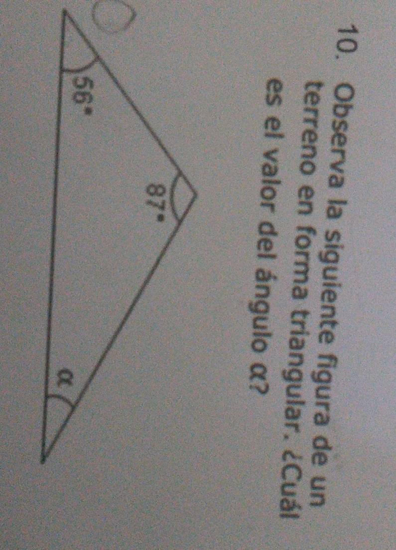 Observa la siguiente figura de un
terreno en forma triangular. ¿Cuál
es el valor del ángulo α?