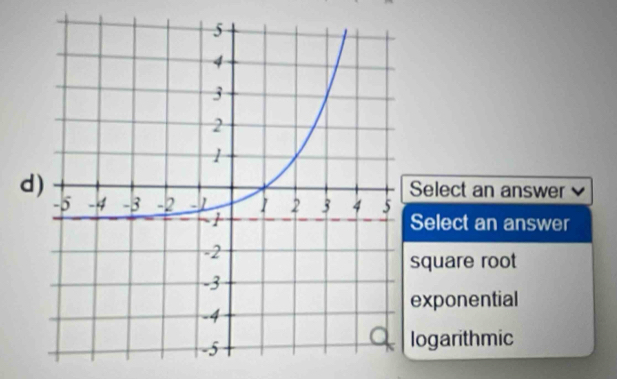 Select an answer
Select an answer
square root
exponential
logarithmic