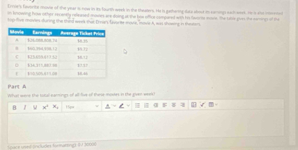 Errie's favorite movie of the year is now in its fourth week in the theaters. He is gathering data about its earnings each werk. He is aso interested 
in knowing how other recently released movies are doing at the box office compared with his favonte movie. The table gives the ramings of the 
top-five movies during the third week that Ernie's favorite movie, movie A, was showing in theaters. 
Part A 
What were the total earnings of all five of these movies in the given week? 
B I x^2 x_1 15p
Space used (includes formatting: ( / 30000