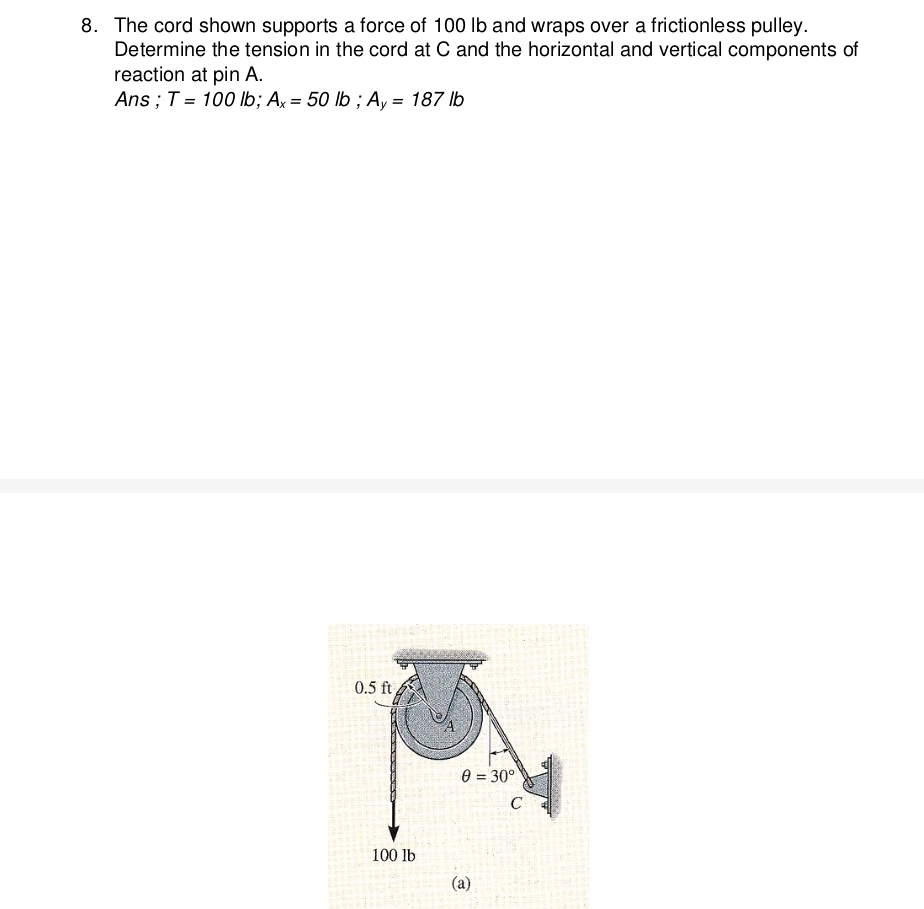 The cord shown supports a force of 100 Ib and wraps over a frictionless pulley.
Determine the tension in the cord at C and the horizontal and vertical components of
reaction at pin A.
Ans ; T=100lb;A_x=50lb;A_y=187lb
(a)