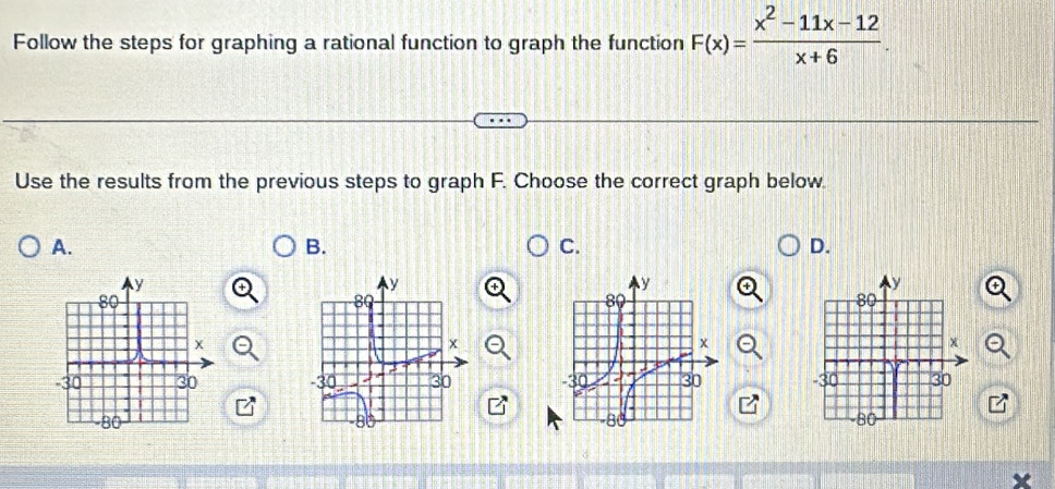 Follow the steps for graphing a rational function to graph the function F(x)= (x^2-11x-12)/x+6 
Use the results from the previous steps to graph F. Choose the correct graph below 
A. 
B. 
C. 
D.