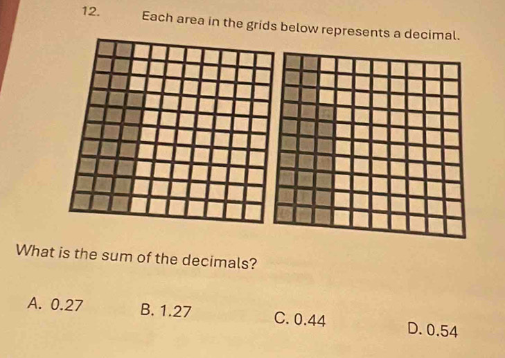 Each area in the grids below represents a decimal.
What is the sum of the decimals?
A. 0.27 B. 1.27 C. 0.44 D. 0.54