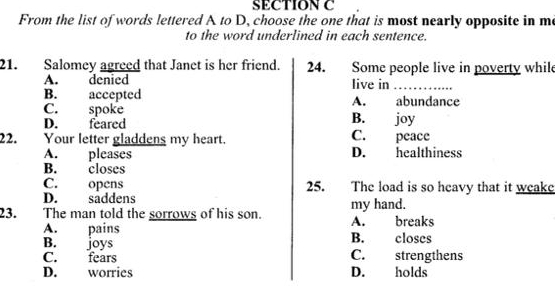 From the list of words lettered A to D, choose the one that is most nearly opposite in me
to the word underlined in each sentence.
21. Salomey agreed that Janet is her friend. 24. Some people live in poverty while
A. denied live in_
B. accepted
C. spoke A. abundance
D. feared B. joy
22. Your letter gladdens my heart. C. peace
A. pleases D. healthiness
B. closes
C. opens 25. The load is so heavy that it weake
D. saddens
23. The man told the sorrows of his son. my hand. A. breaks
A. pains B. closes
B. joys
C. fears C. strengthens
D. worries D. holds