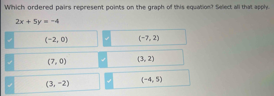 Which ordered pairs represent points on the graph of this equation? Select all that apply.
2x+5y=-4
(-2,0)
(-7,2)
(7,0)
(3,2)
(3,-2)
(-4,5)