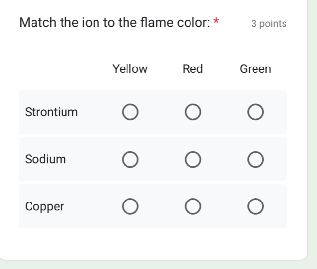 Match the ion to the flame color: * 3 points