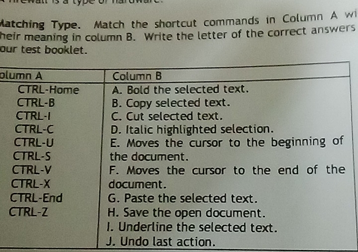 Matching Type. Match the shortcut commands in Column A wi 
heir meaning in column B. Write the letter of the correct answers 
our test booklet. 
ol 
J. Undo last action.