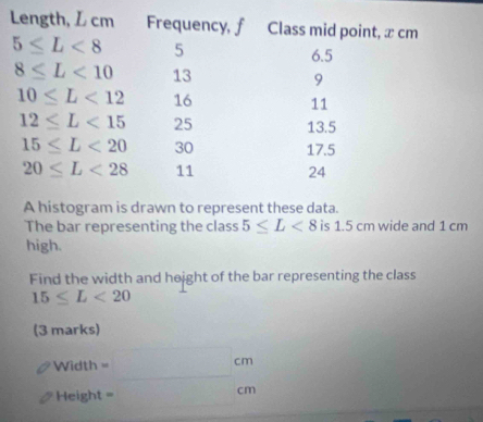 A histogram is drawn to represent these data.
The bar representing the class 5≤ L<8</tex> is 1.5 cm wide and 1 cm
high.
Find the width and height of the bar representing the class
15≤ L<20</tex>
(3 marks)
Width =□ cm
Height = □ cm