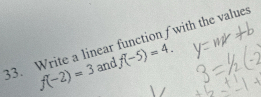 Write a linear function f with the values
f(-2)=3 and f(-5)=4.