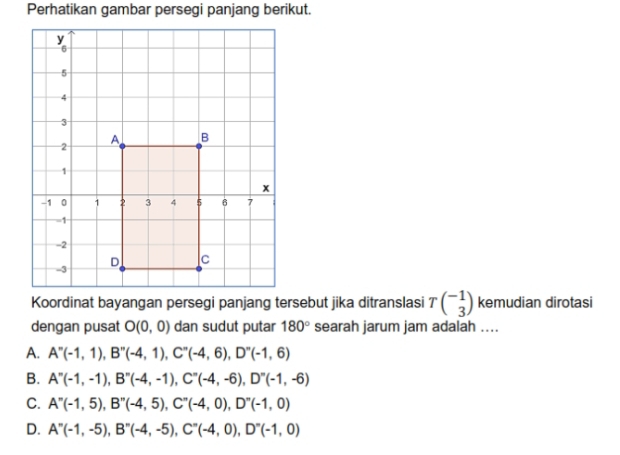 Perhatikan gambar persegi panjang berikut.
Tbeginpmatrix -1 3endpmatrix kemudian dirotasi
dengan pusat O(0,0) dan sudut putar 180° searah jarum jam adalah ....
A. A''(-1,1), B''(-4,1), C''(-4,6), D''(-1,6)
B. A''(-1,-1), B''(-4,-1), C''(-4,-6), D''(-1,-6)
C. A''(-1,5), B''(-4,5), C''(-4,0), D''(-1,0)
D. A''(-1,-5), B''(-4,-5), C''(-4,0), D''(-1,0)