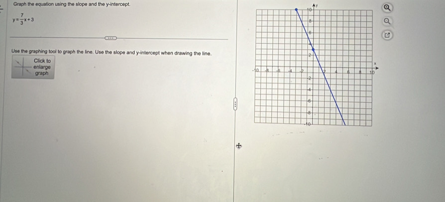 Graph the equation using the slope and the y-intercept.
y
Q
y= 7/3 x+3
Q 
Use the graphing tool to graph the line. Use the slope and y-intercept when drawing the line. 
Click to 
enlarge 
graph