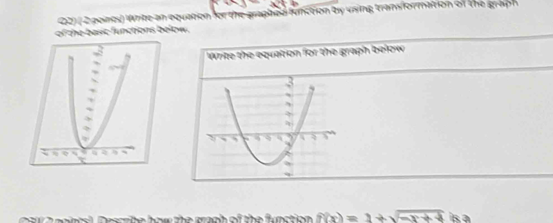 poirc Vrite an equatio tion by using transformation of te grap 
of the basic functions below. 
Write the equation for the graph below 
he h ow the gragh of the function . f(x)=1+sqrt(-x+4) is a