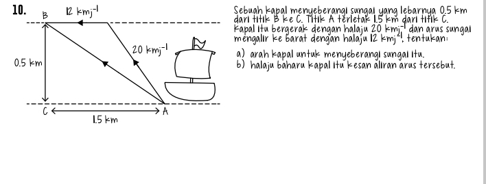 B 12kmj^(-1)
Sebuah kapal menyeberangi sungal yang lebarnya 0. 5 km
dari fitlk BkeC. Tiik A ferletak 15 km gari tifik C.
rapal ita bergerak dengan halaju 20 km? danarus sungal
mengalir ke barat dengan halajul 2kmj^2 tentukan:
20kmj^(-1) a) arah kapal unfuk menyeberangi sungal ifu.
0. 5 km () halaju baharu kapal ita kesan aliran arus tersebut
1. 5km